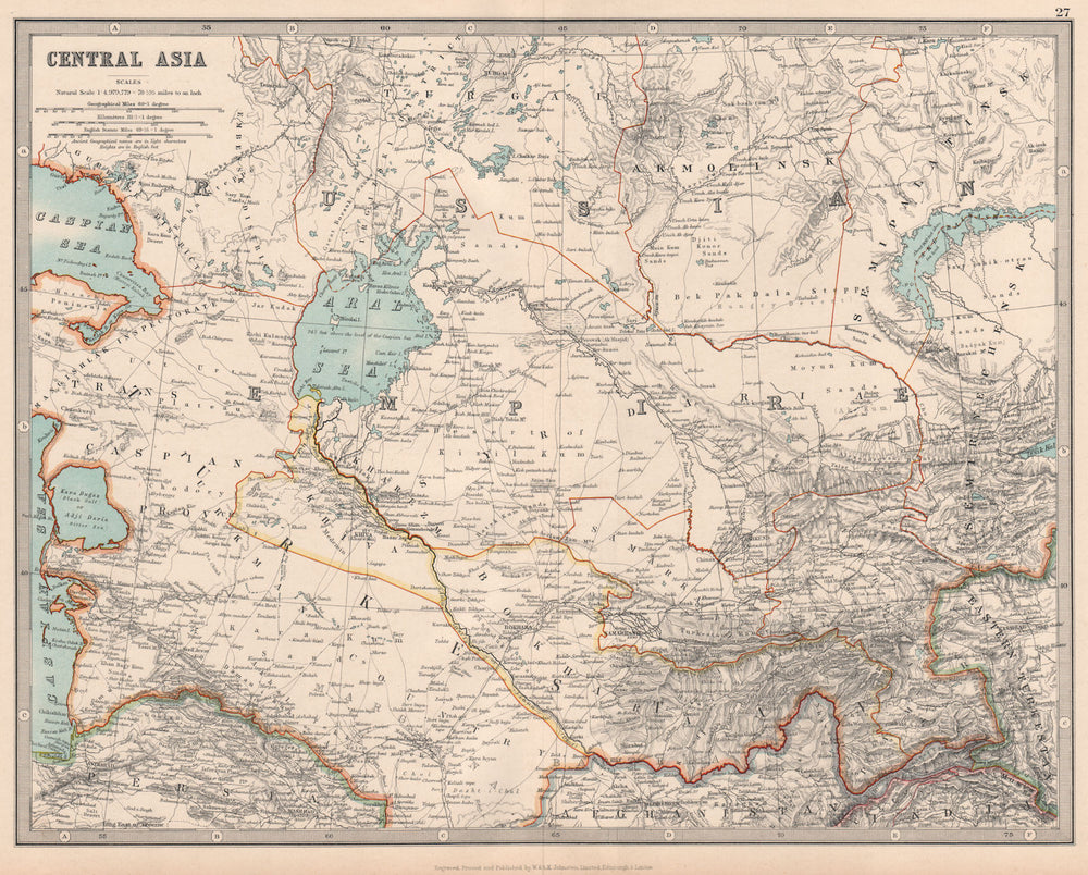 CENTRAL ASIA. Aral Sea Turkestan Khiva Bukhara Samarkand. JOHNSTON 1912 map