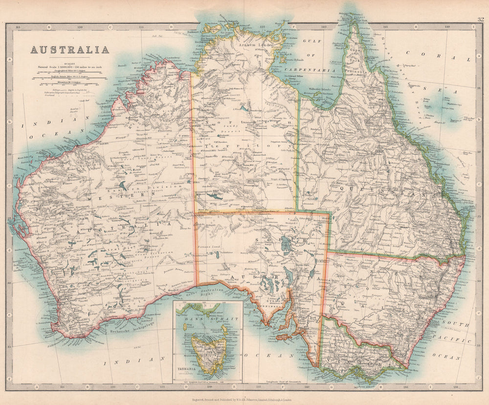 AUSTRALIA showing explorers' routes & goldfields. JOHNSTON 1912 map