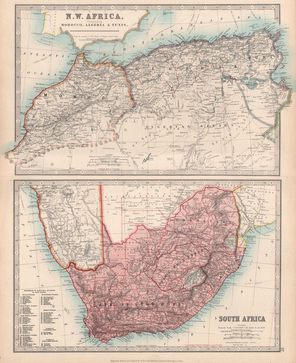 MAGHREB & UNION OF SOUTH AFRICA. Morocco Algeria & Tunisia. JOHNSTON 1912 map