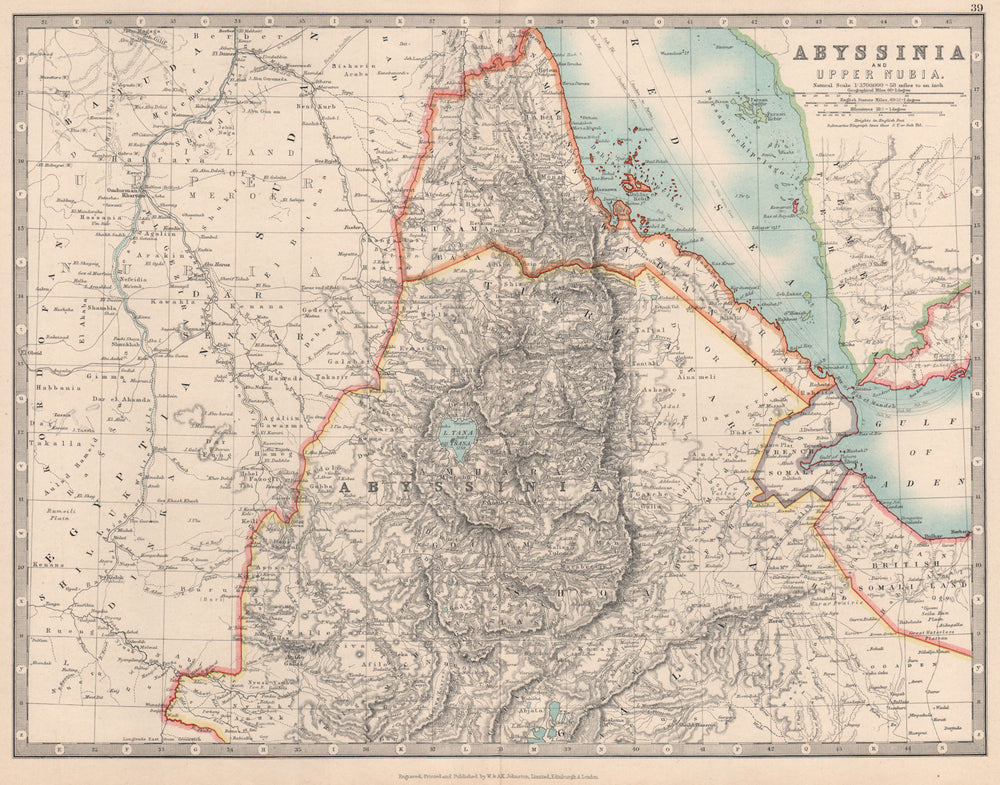 ABYSSINIA & UPPER NUBIA. Ethiopia Erirtrea French Somaliland. JOHNSTON 1912 map