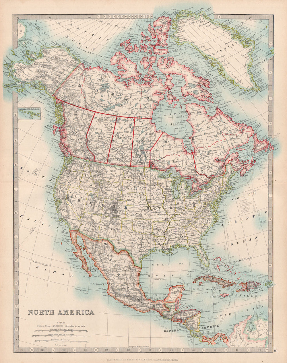 NORTH AMERICA. United States Canada Mexico. Railways. JOHNSTON 1912 old map