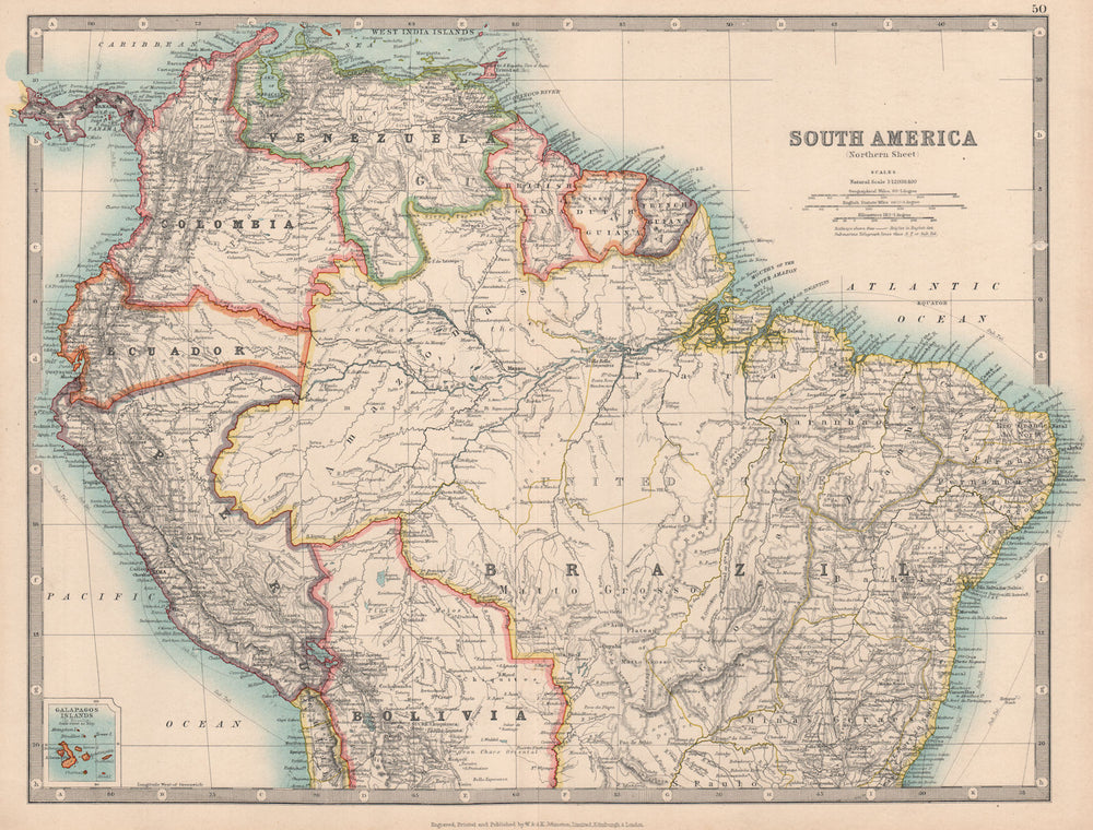 SOUTH AMERICA NORTH. Peru/Ecuador borders as pre 1941 war. JOHNSTON 1912 map