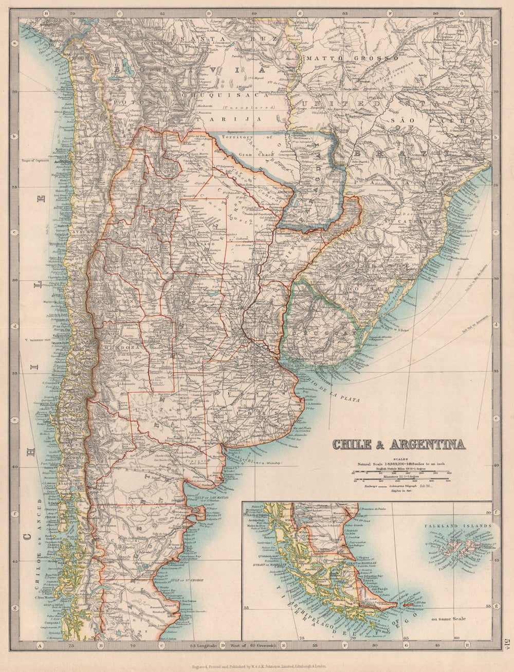 CHILE & ARGENTINA. Paraguay including Gran Chaco. Uruguay. JOHNSTON 1912 map