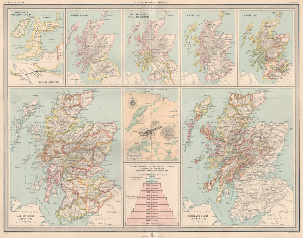 SCOTLAND HISTORICAL. Highland Clans. Edinburgh 1745. 1600 Roman Pictish 1912 map