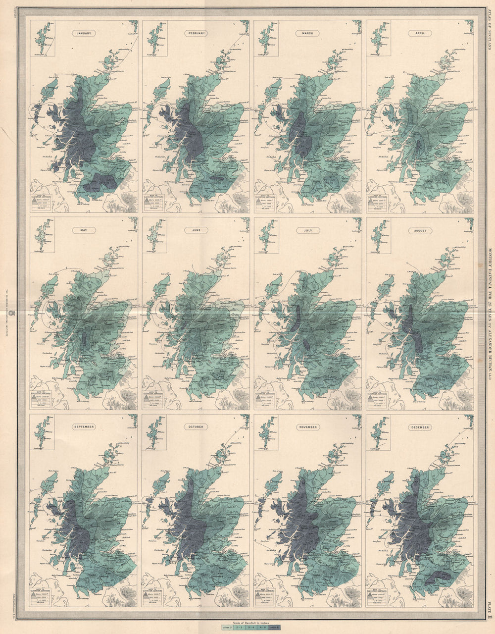 SCOTLAND average monthly rainfall for 25 years by Alexander Buchan 1912 map