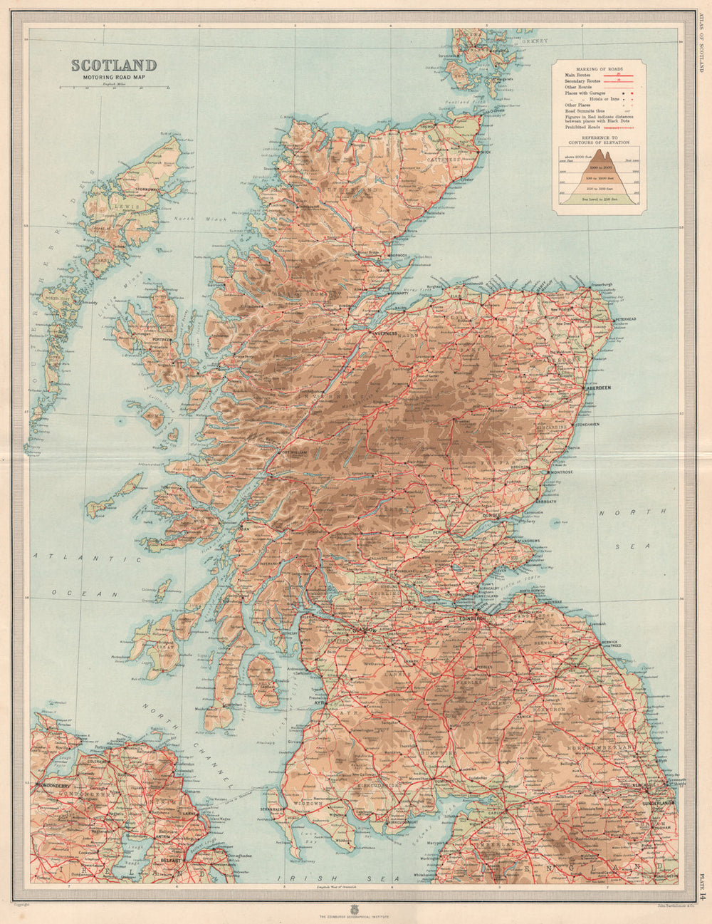 Antique Scotland Motoring Road map showing garages, hotels & inns. LARGE 1912
