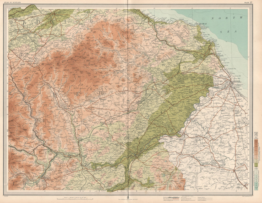 BERWICKSHIRE Lammermiur Hills Haddingtonshire Kelso Tweed Merse. LARGE 1912 map