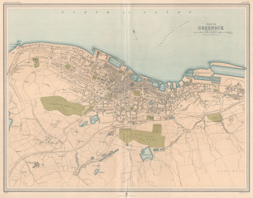 Large antique GREENOCK town/city plan. 45 x 55 cm. LARGE 1912 old map