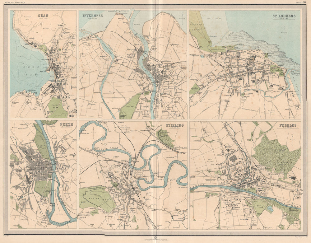 SCOTTISH TOWNS Oban Inverness St. Andrews Perth Stirling Peebles. LARGE 1912 map