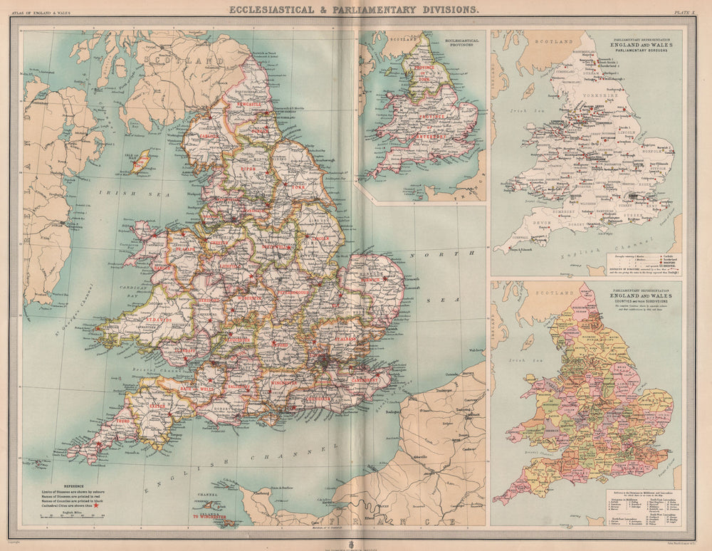 ENGLAND & WALES Eccelestiastical & parliamentary constituencies. LARGE 1903 map