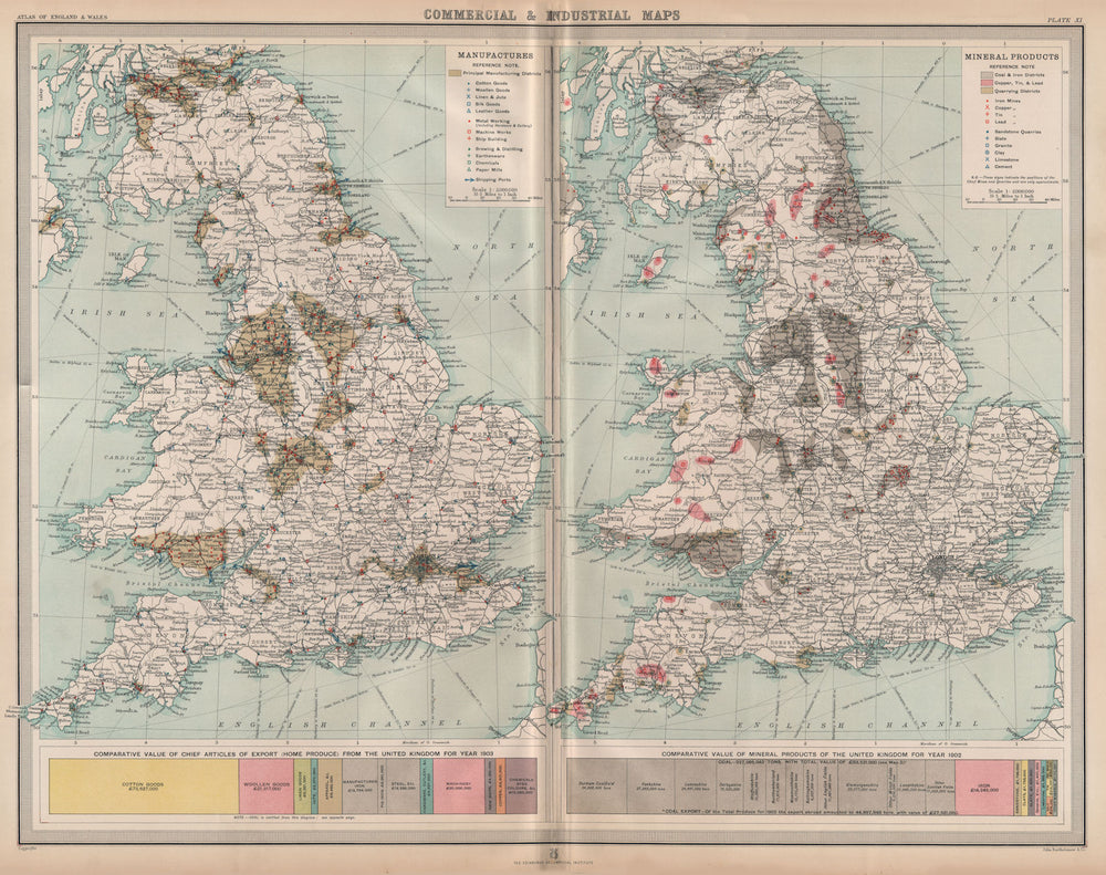 ENGLAND WALES. Mining Manufacturing Products Industries Coal Cu Tin Pb 1903 map