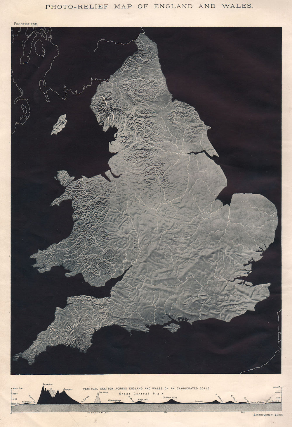 Photo-Relief map of England and Wales 1898 old antique vintage plan chart