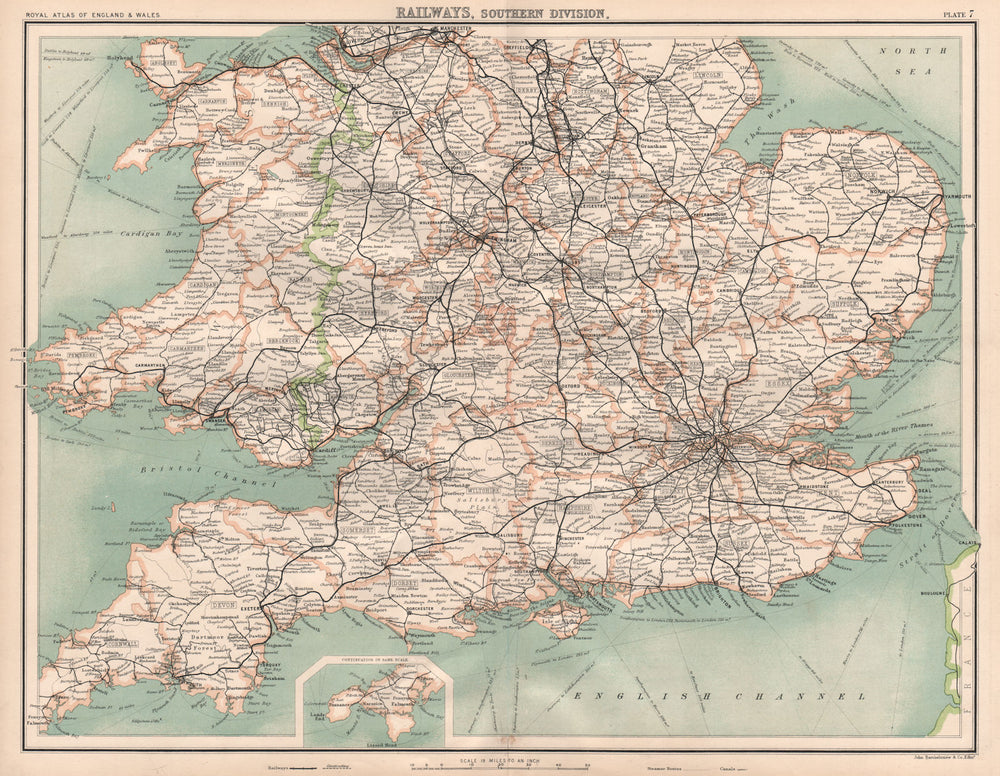 SOUTHERN ENGLAND & WALES RAILWAYS active & under construction. Canals 1898 map