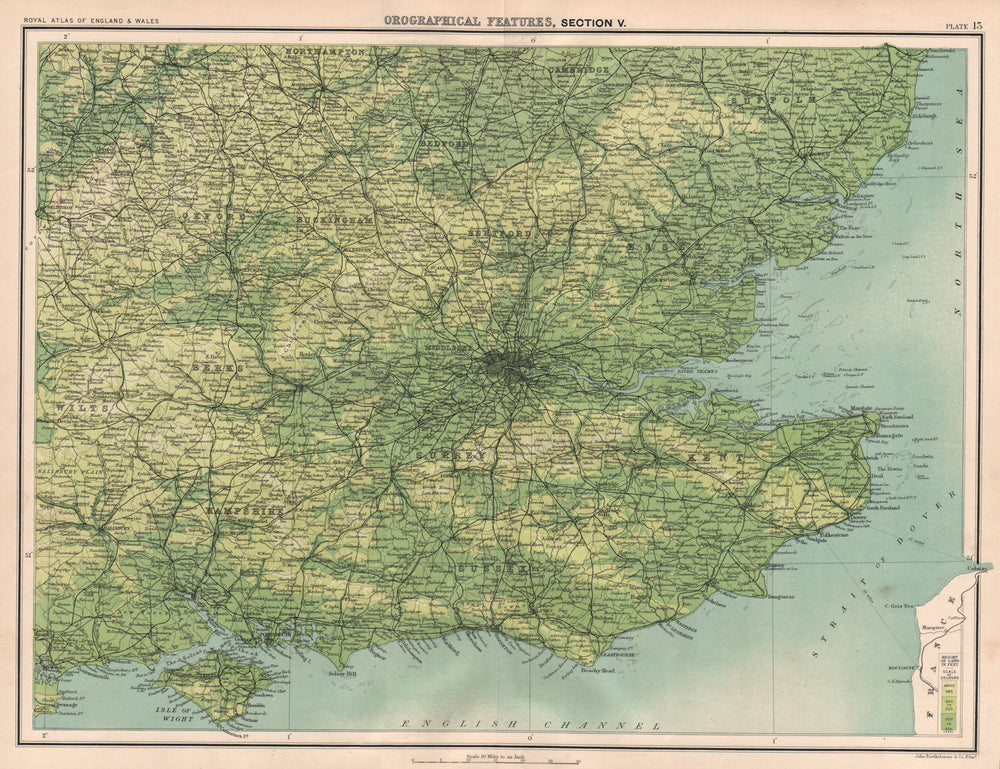 SOUTH EAST ENGLAND RELIEF Chilterns South Downs High Weald Surrey Hills 1898 map