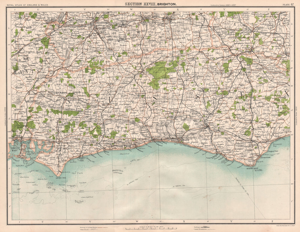SOUTH DOWNS. Brighton Sussex Chichester Havant Guildford Reigate Lewes 1898 map