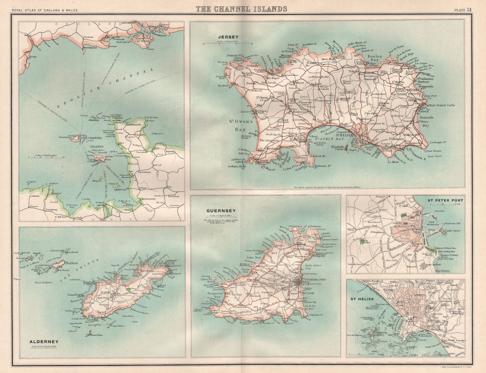 CHANNEL ISLANDS. Jersey Alderney Guernsey St. Peter Port St. Helier 1898 map
