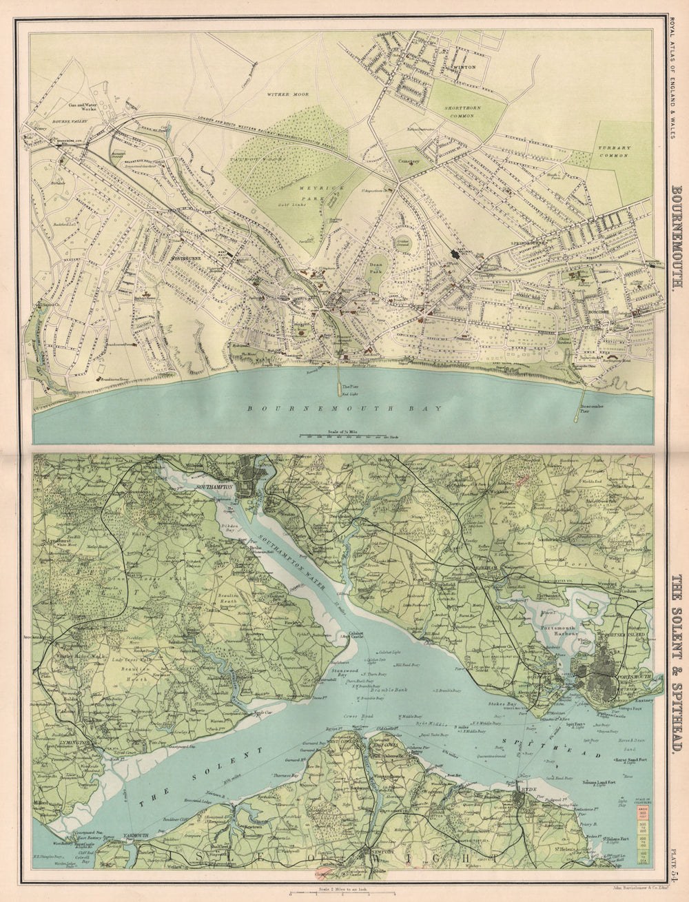 BOURNEMOUTH antique town city plan. The Solent & Spithead. BARTHOLOMEW 1898 map