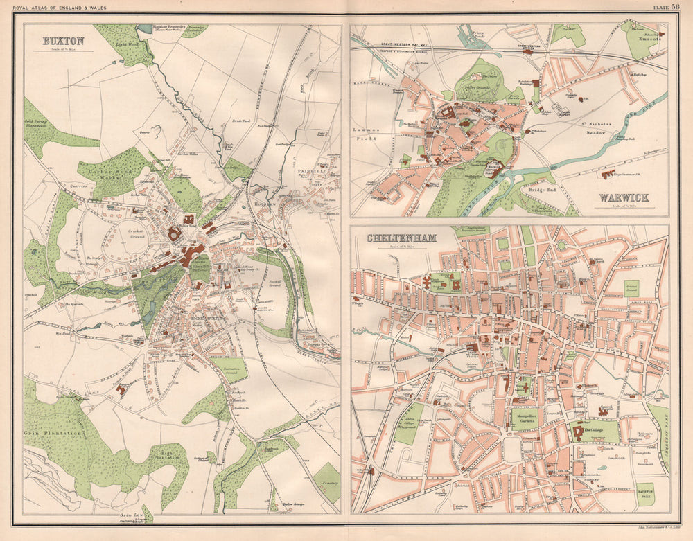 BUXTON, WARWICK & CHELTENHAM antique town city plans. BARTHOLOMEW 1898 old map