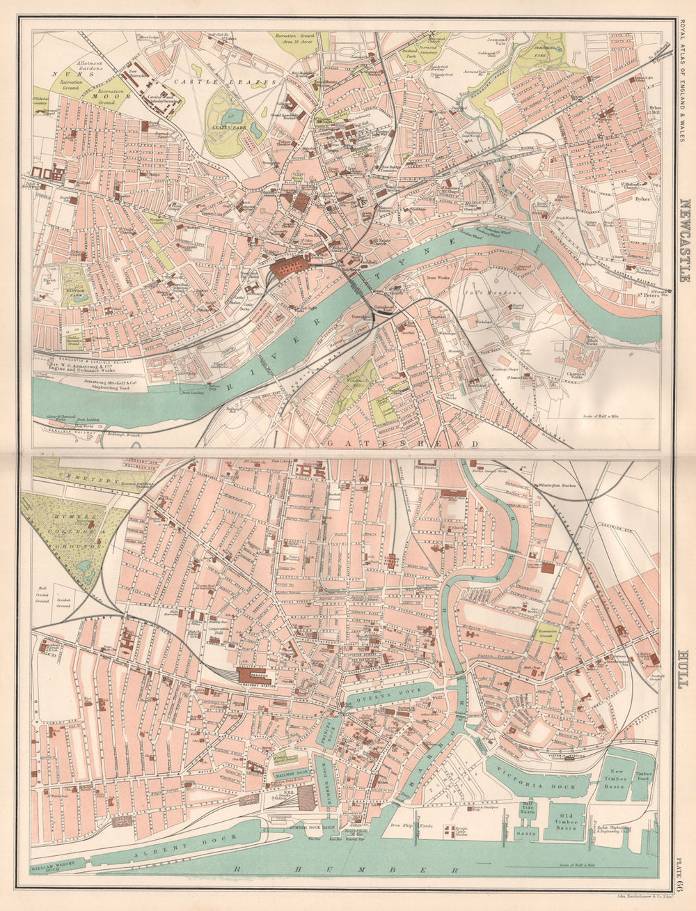 NEWCASTLE & HULL antique town city plans. BARTHOLOMEW 1898 old map