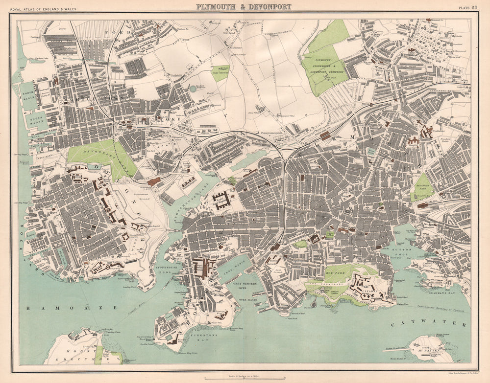 PLYMOUTH & DEVONPORT antique town city plans. BARTHOLOMEW 1898 old map