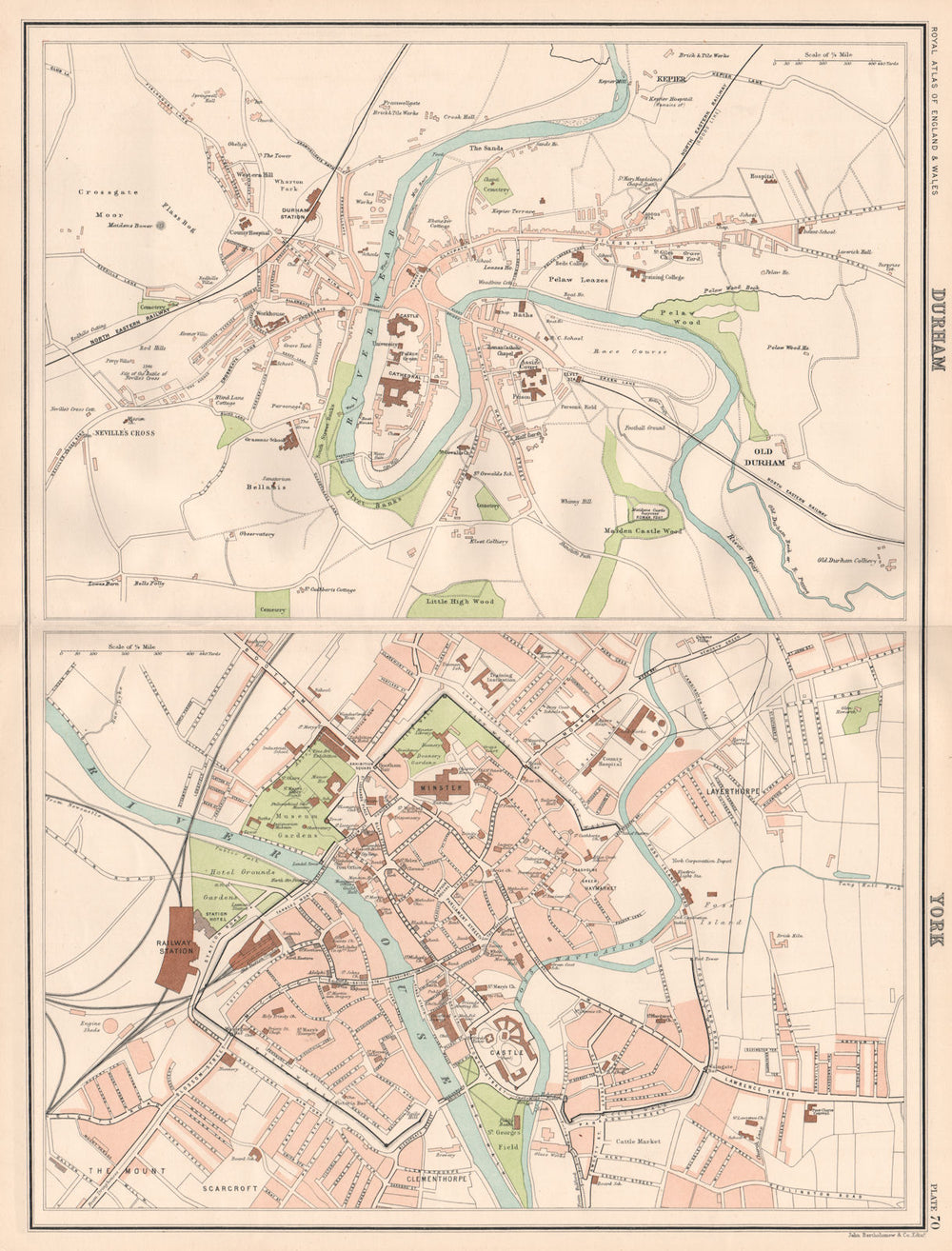 DURHAM & YORK antique town city plans. BARTHOLOMEW 1898 old map chart