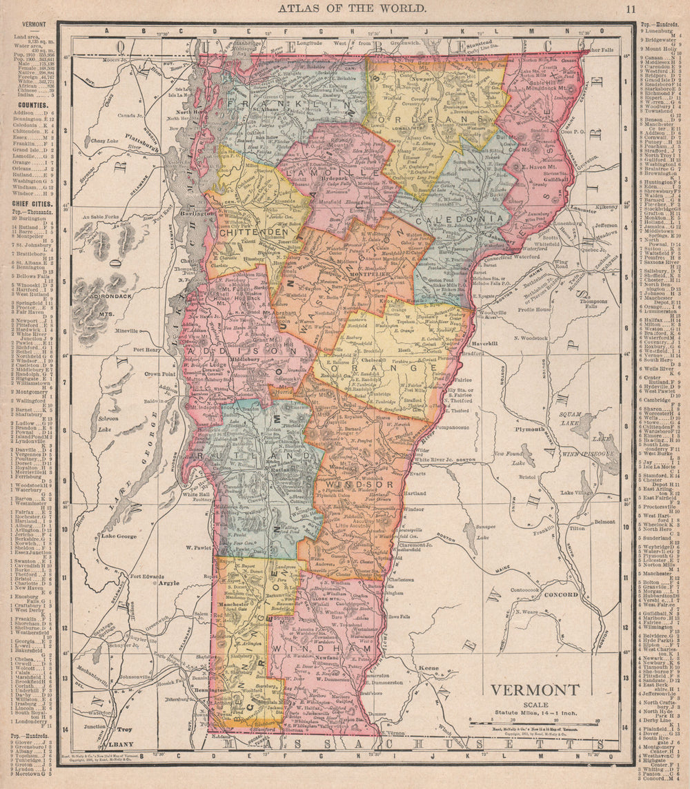 Vermont state map showing counties. RAND MCNALLY 1912 old antique chart