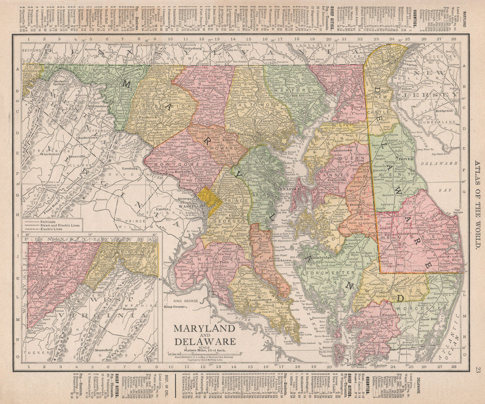 Maryland and Delaware state map showing counties. RAND MCNALLY 1912 old