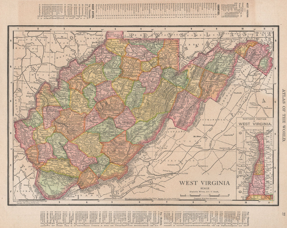 West Virginia state map showing counties. RAND MCNALLY 1912 old antique