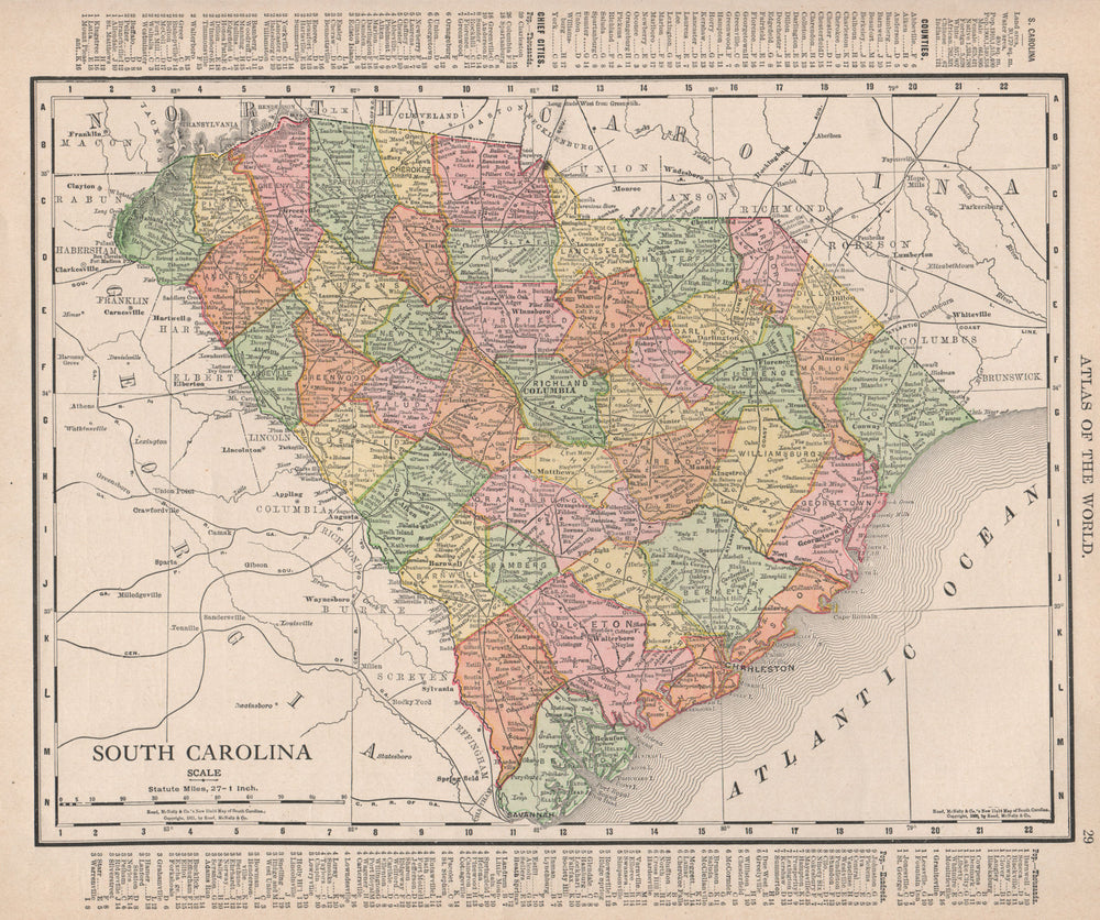 South Carolina state map showing counties. RAND MCNALLY 1912 old antique