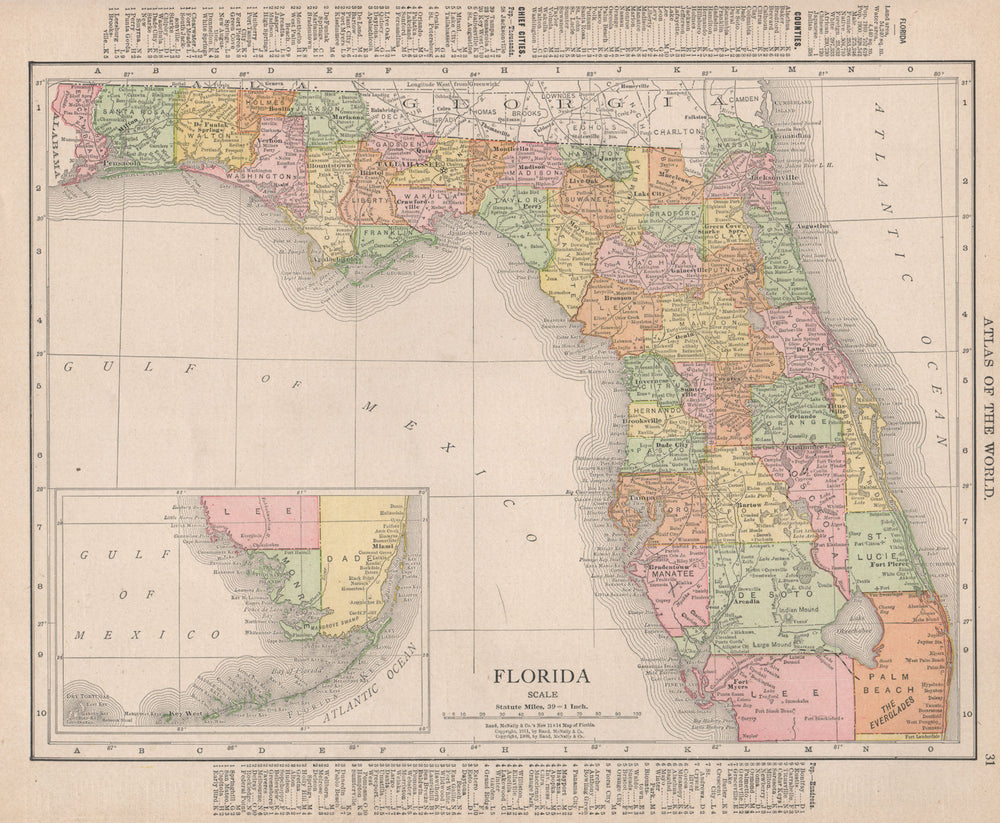 Florida state map showing counties. RAND MCNALLY 1912 old antique chart