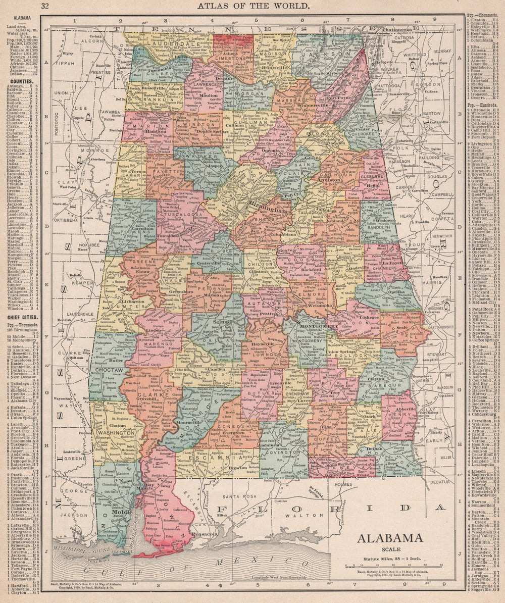 Alabama state map showing counties. RAND MCNALLY 1912 old antique chart