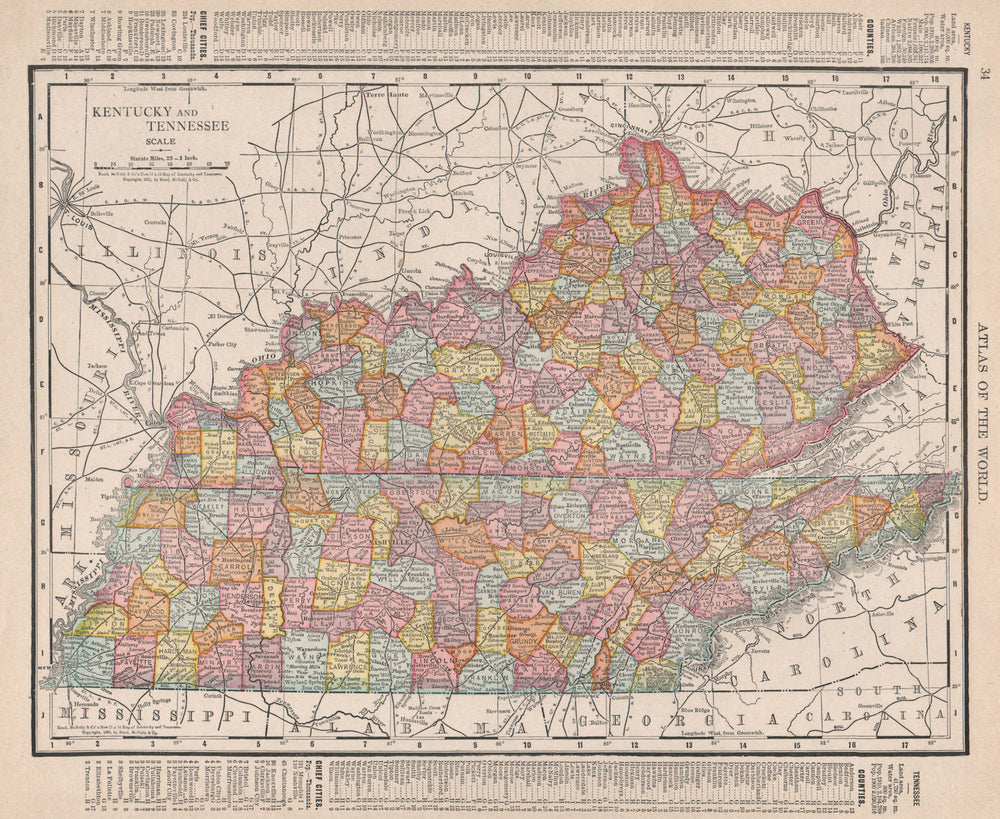 Kentucky and Tennessee state map showing counties. RAND MCNALLY 1912 old
