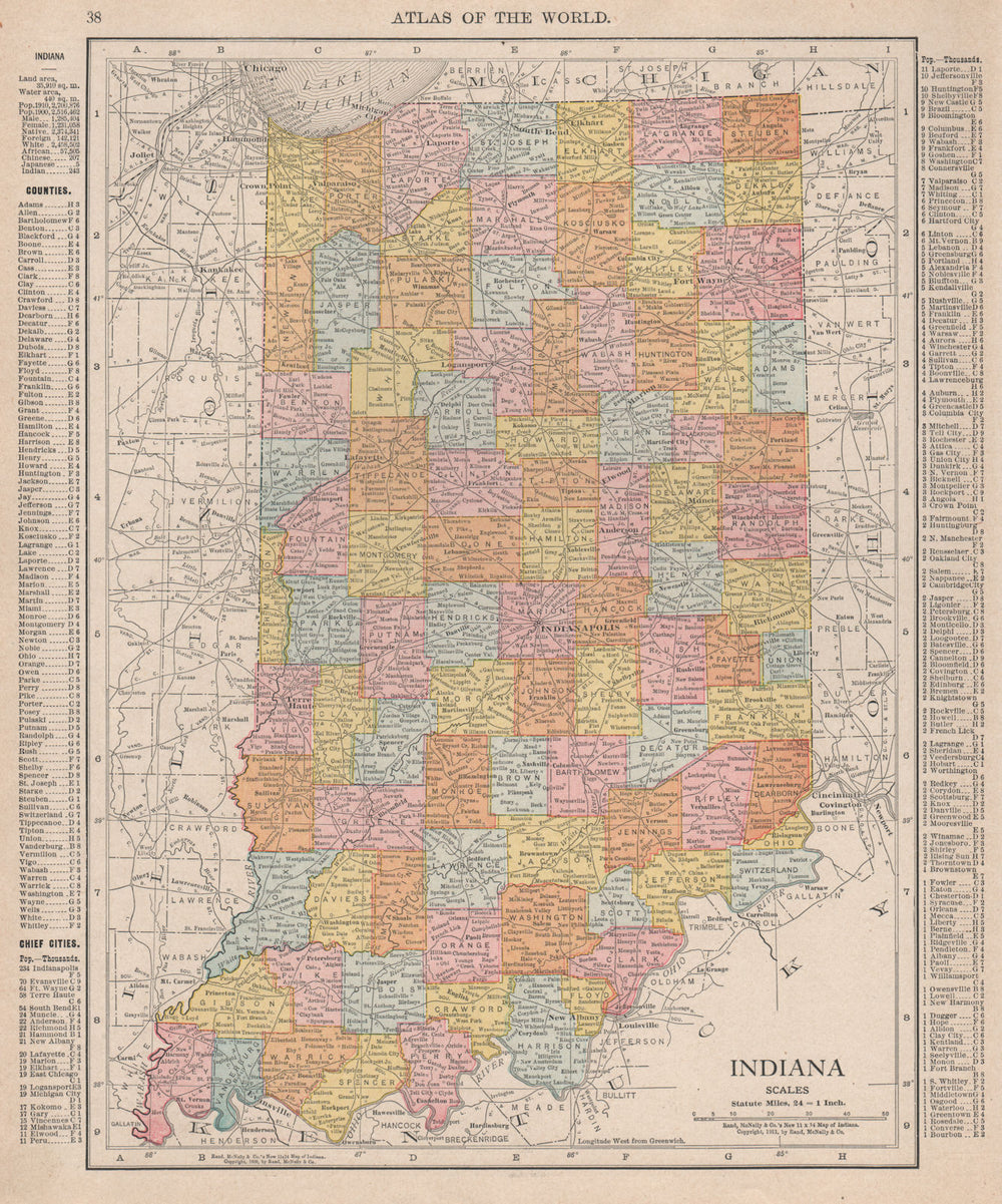 Indiana state map showing counties. RAND MCNALLY 1912 old antique chart