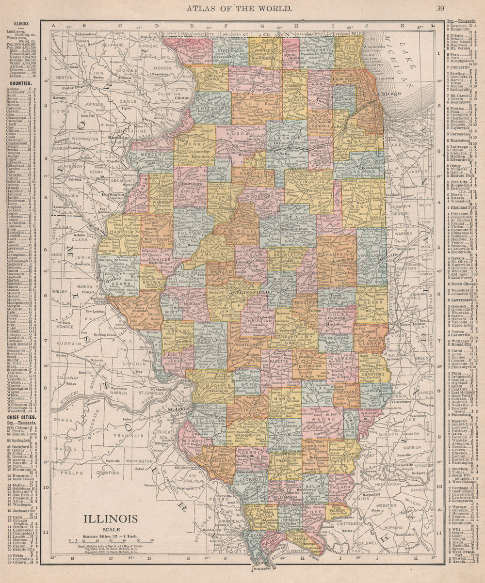 Illinois state map showing counties. RAND MCNALLY 1912 old antique chart