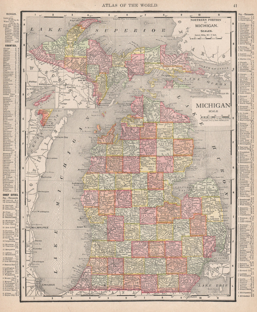 Michigan state map showing counties. RAND MCNALLY 1912 old antique chart