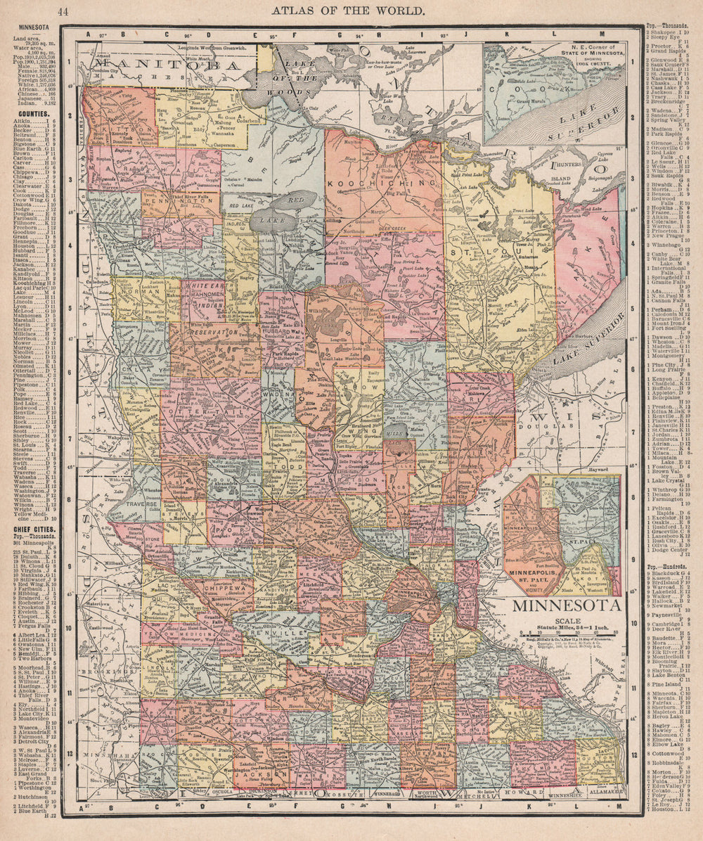Minnesota state map. Counties. Minneapolis-St. Paul. RAND MCNALLY 1912 old