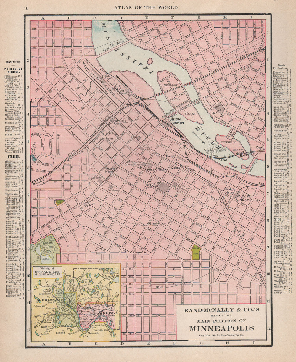 Minneapolis town city map plan. Minnesota. RAND MCNALLY 1912 old antique