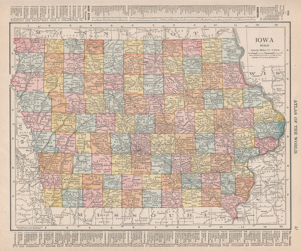 Iowa state map showing counties. RAND MCNALLY 1912 old antique plan chart