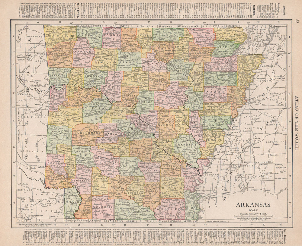 Arkansas state map showing counties. RAND MCNALLY 1912 old antique chart