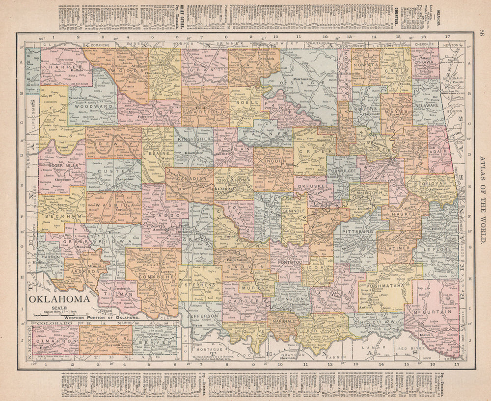 Oklahoma state map showing counties. RAND MCNALLY 1912 old antique chart