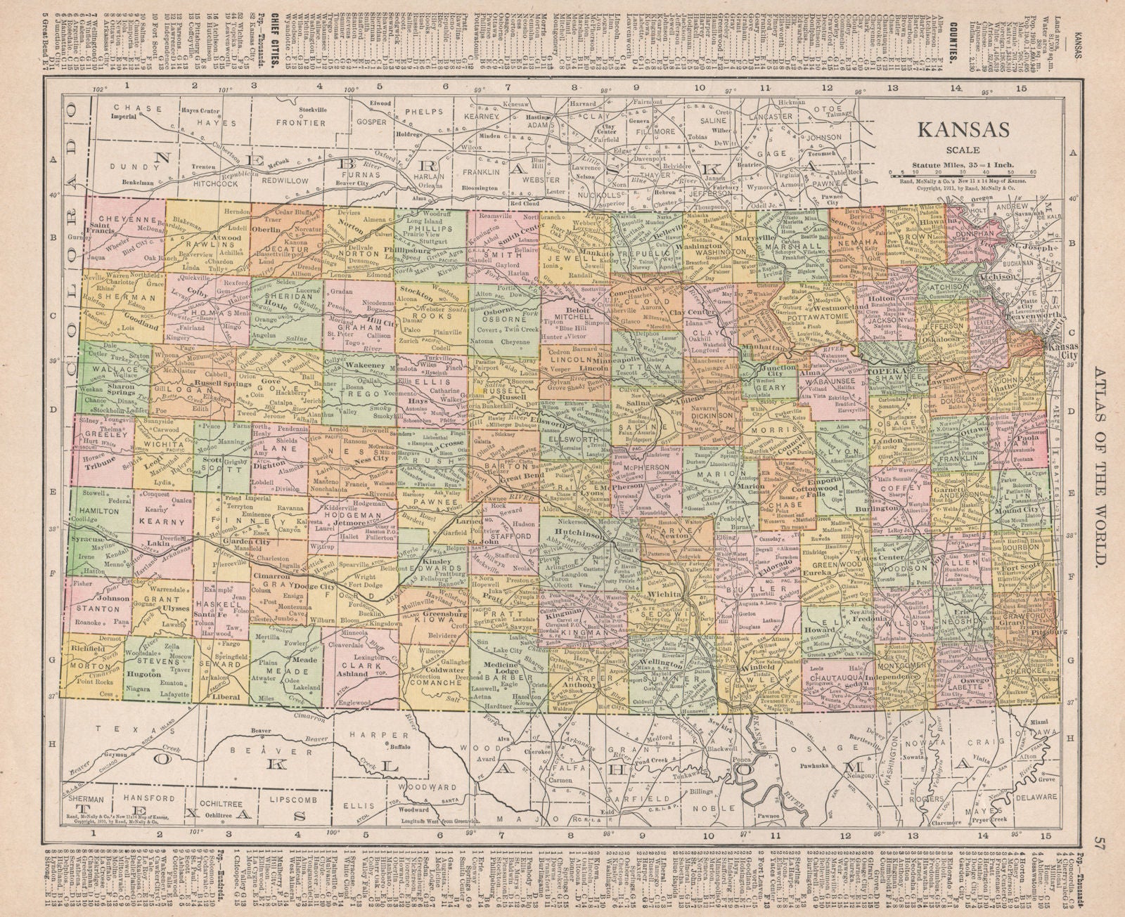 Kansas state map showing counties. RAND MCNALLY 1912 old antique chart ...