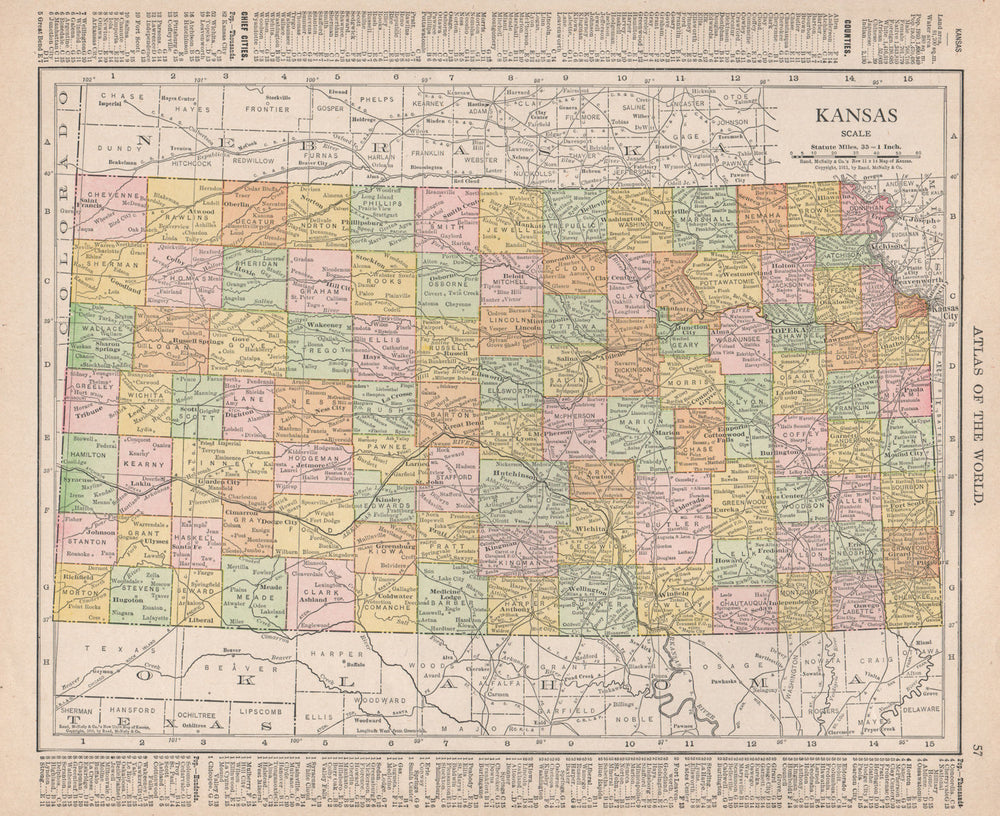 Kansas state map showing counties. RAND MCNALLY 1912 old antique chart