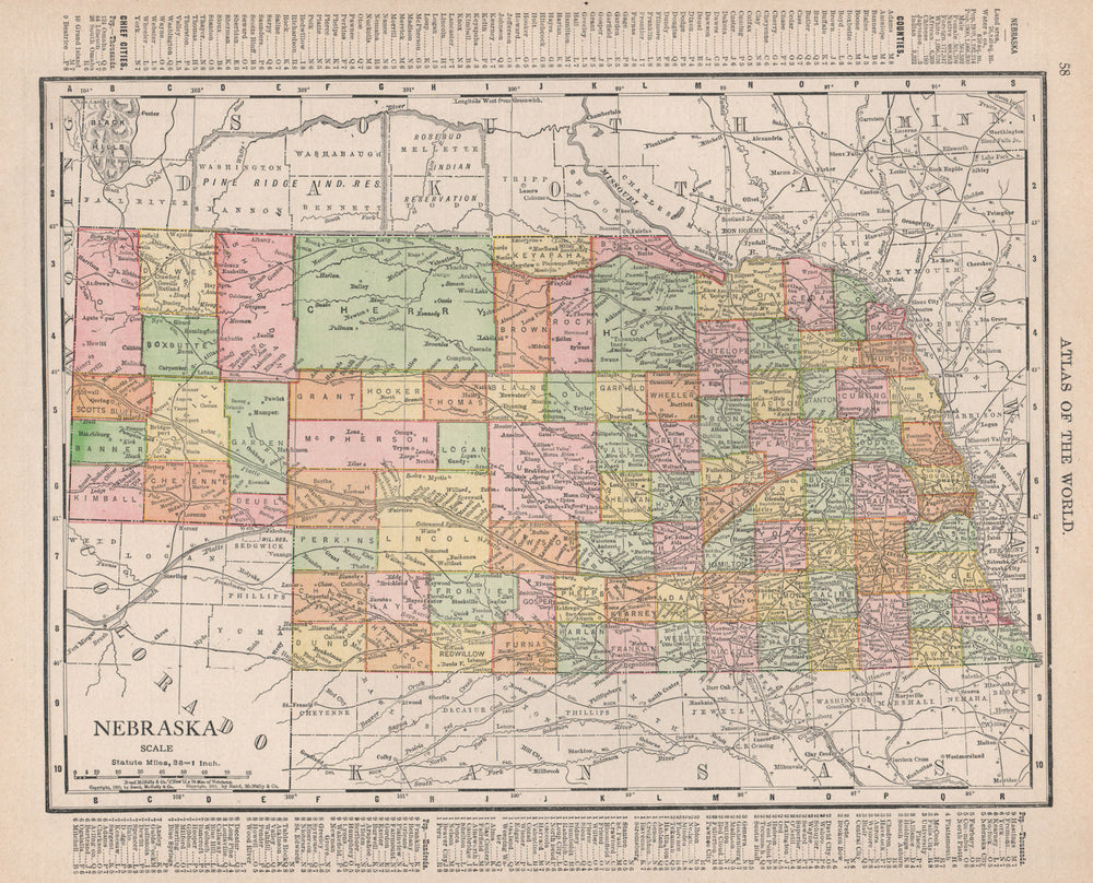 Nebraska state map showing counties. RAND MCNALLY 1912 old antique chart