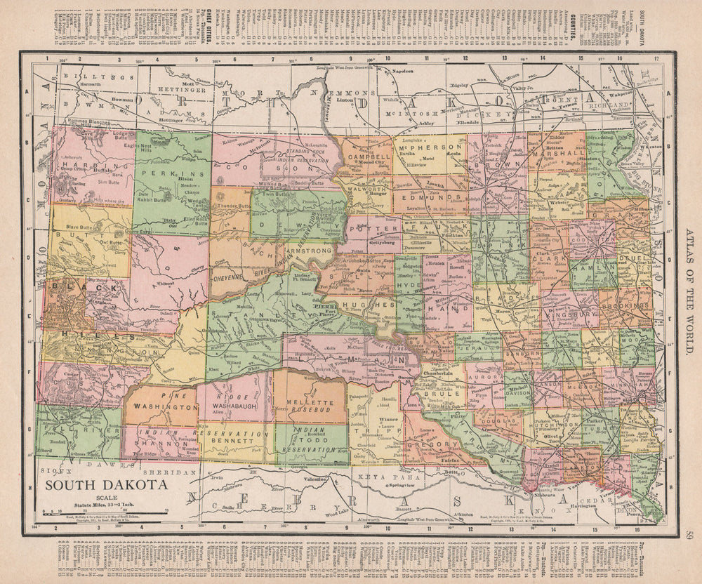South Dakota state map showing counties. RAND MCNALLY 1912 old antique
