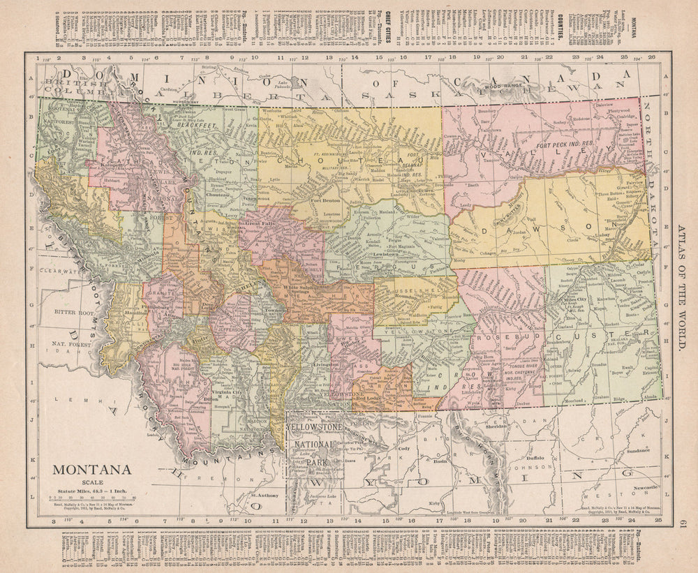 Montana state map showing counties. Yellowstone. RAND MCNALLY 1912 old