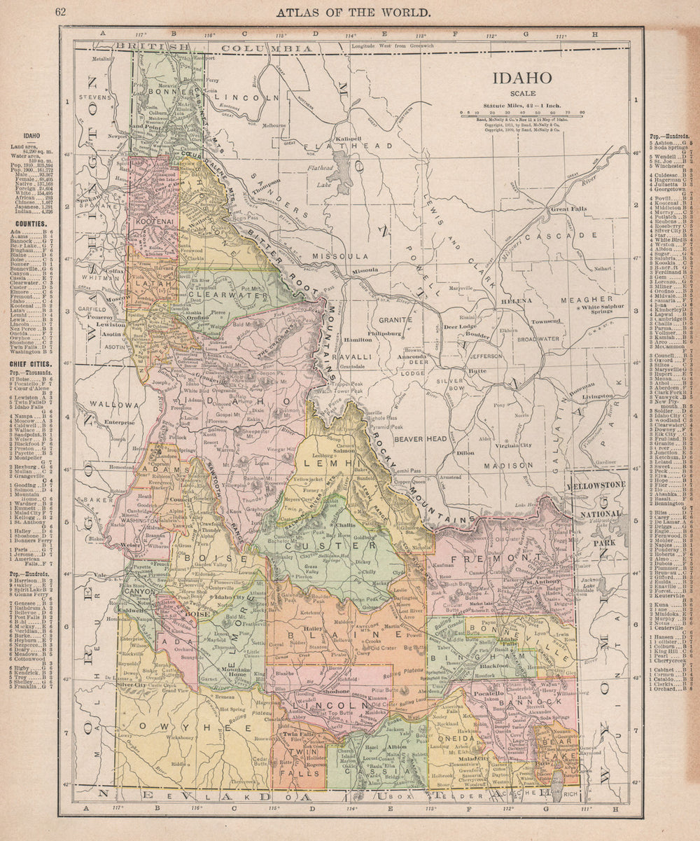 Idaho state map showing counties. RAND MCNALLY 1912 old antique plan chart