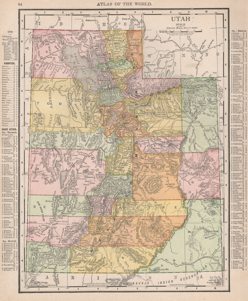 Utah state map showing counties. RAND MCNALLY 1912 old antique plan chart