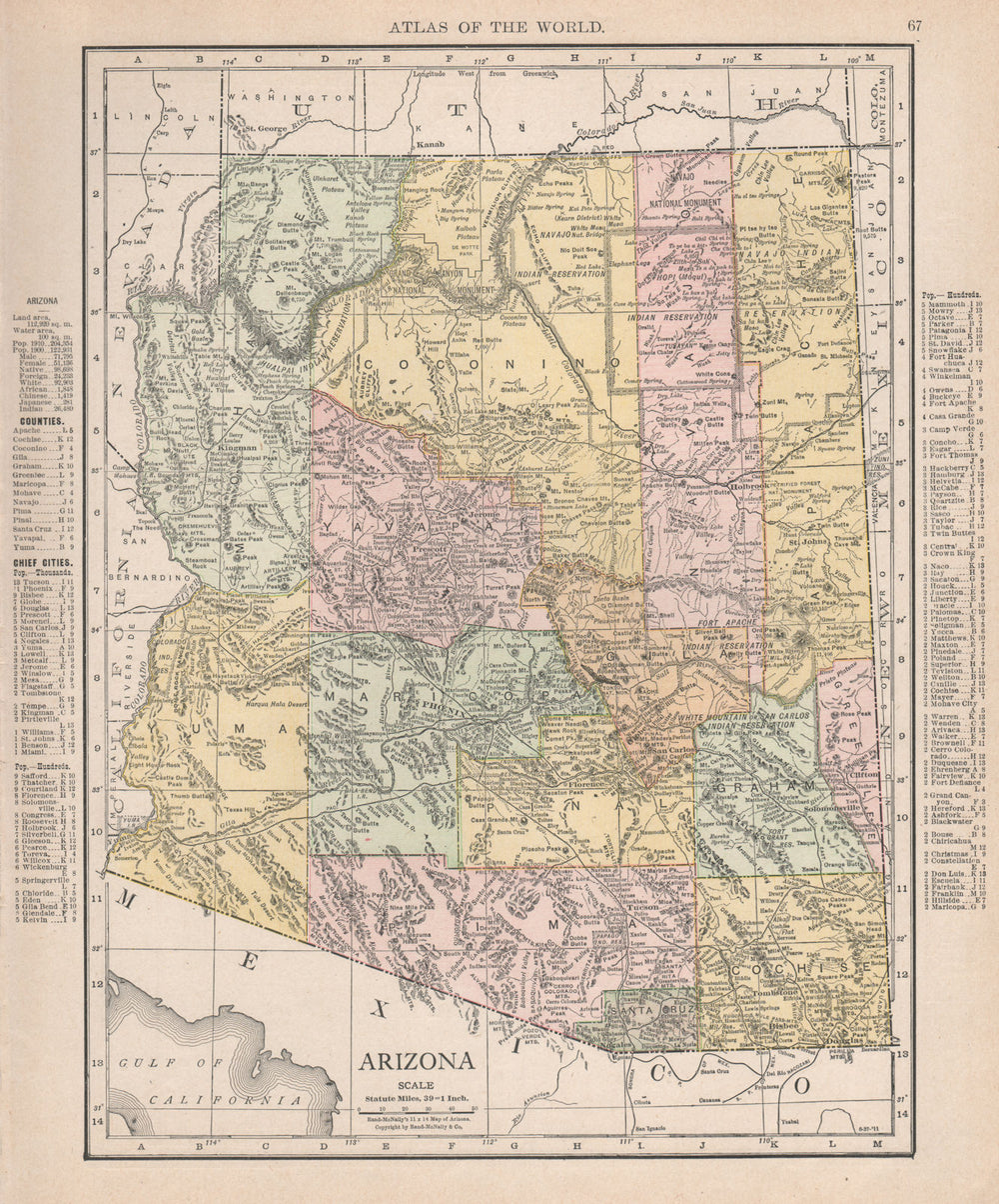 Arizona state map showing counties. RAND MCNALLY 1912 old antique chart