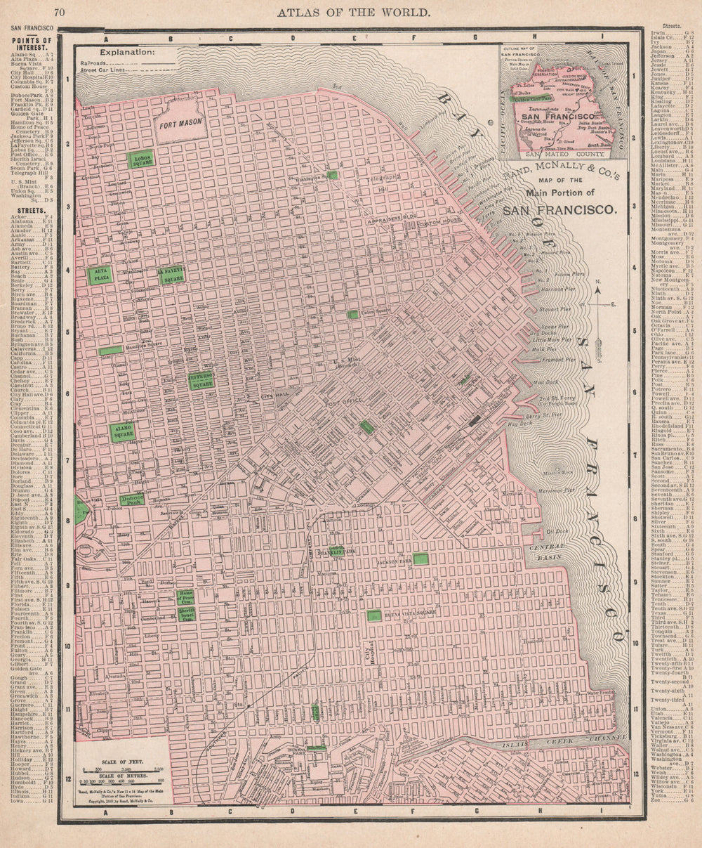 San Francisco city map plan. Street car lines. California. RAND MCNALLY 1912