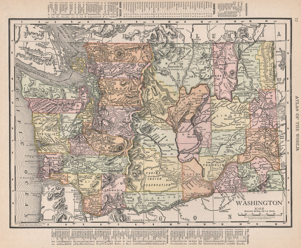 Washington State state map showing counties. RAND MCNALLY 1912 old antique
